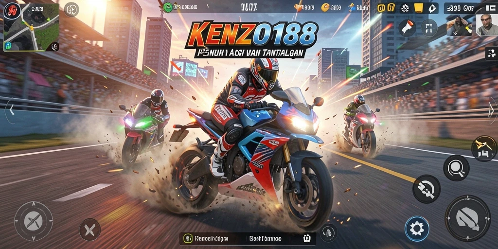 Gameplay KENZO188 menampilkan balapan motor yang cepat dan menegangkan.